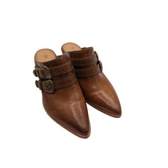 Fyre Flynn Shoes - Frye Flynn Women's Belted Pointed Toe Brown Leather Mule Size 6.5M